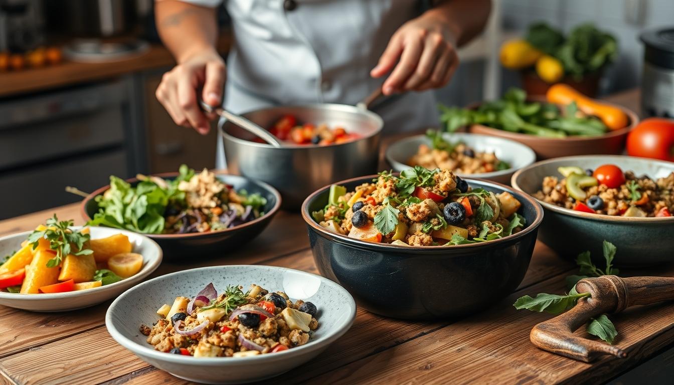 Balanced healthy meal prepared in a home kitchen